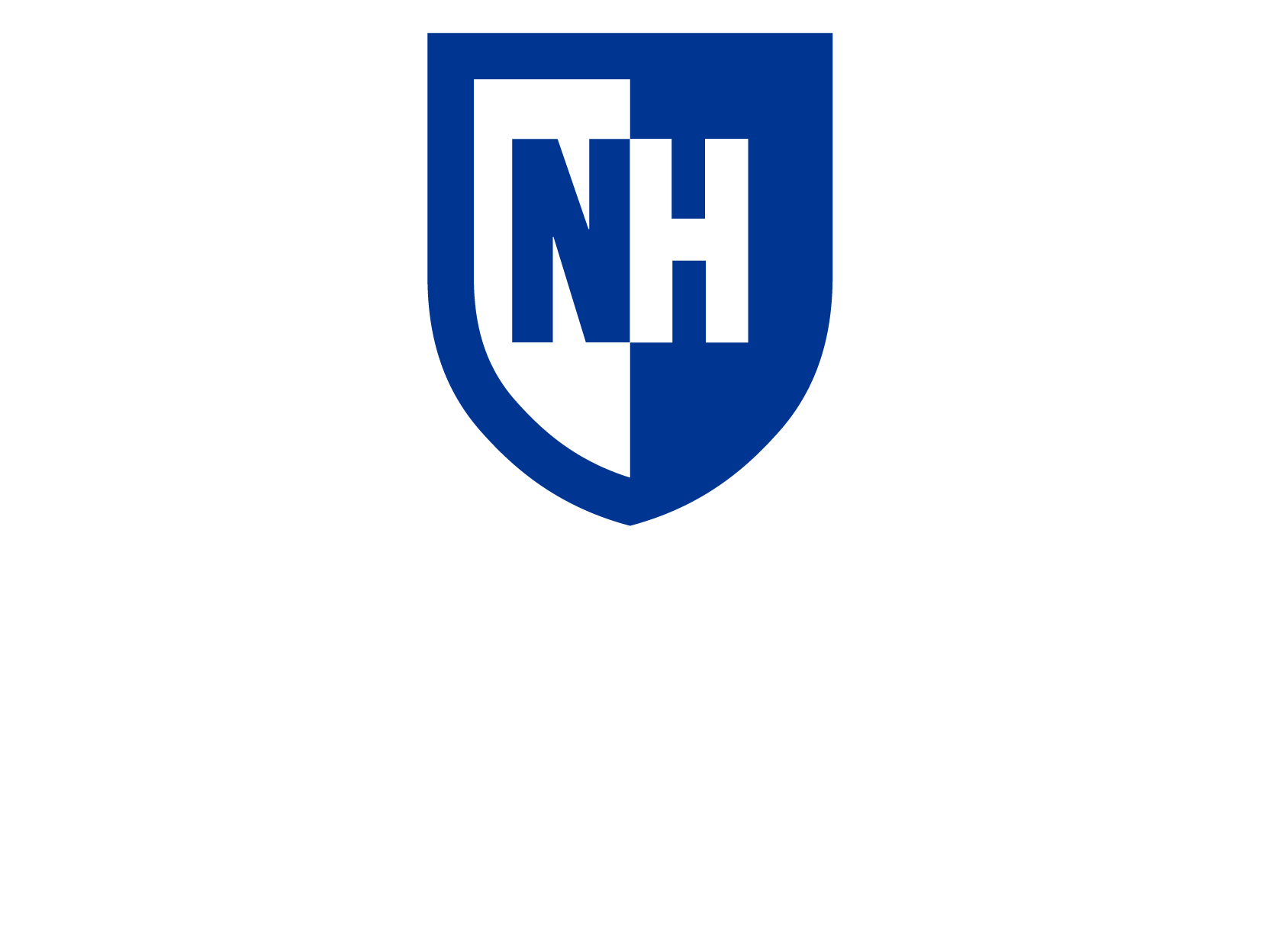 Blue and white UNH shield logo with University of New Hampshire beneath in white text